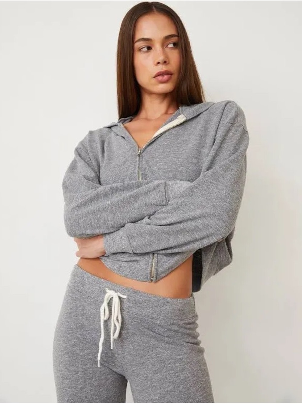 Monrow Grey Ribbed Original Zip Up Hoodie
